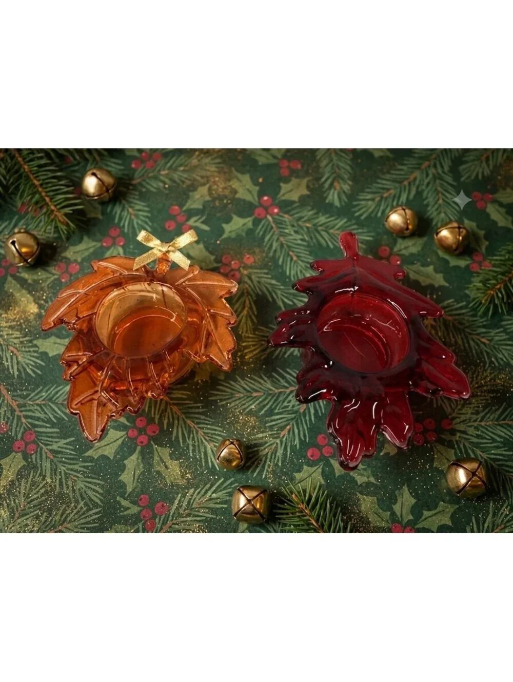 12 Vintage Orange Glass Maple Leaf Tealight Candle Holders Christmas- fall items